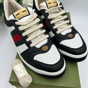 Men’s Gucci, low top screener sneakers, black/white paneled leather design 12.5